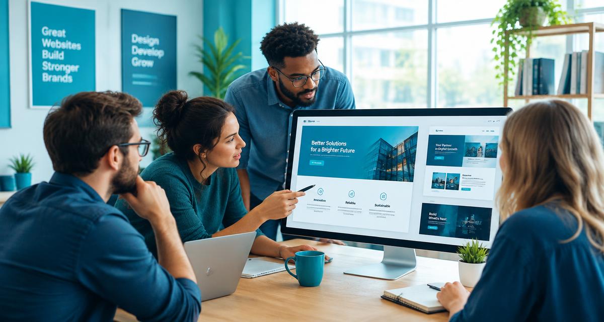Business owner reviewing website designs with an agency team on a large monitor
