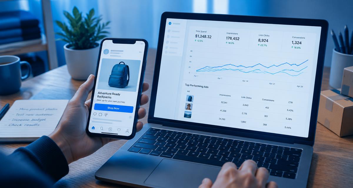 Phone showing a social media ad next to a laptop with an ads dashboard