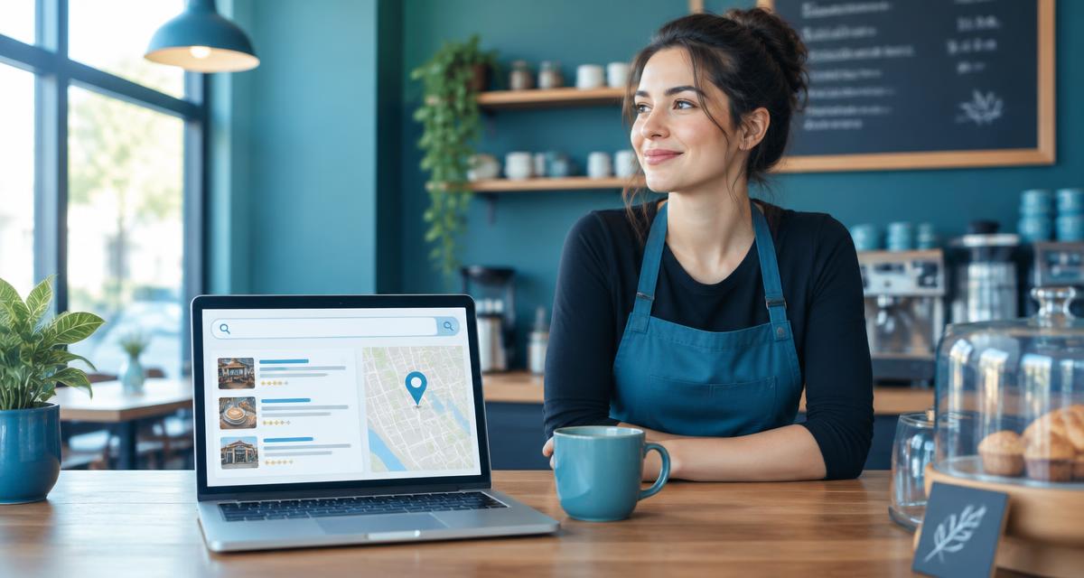 Cafe owner beside a laptop showing local search results with a map pin