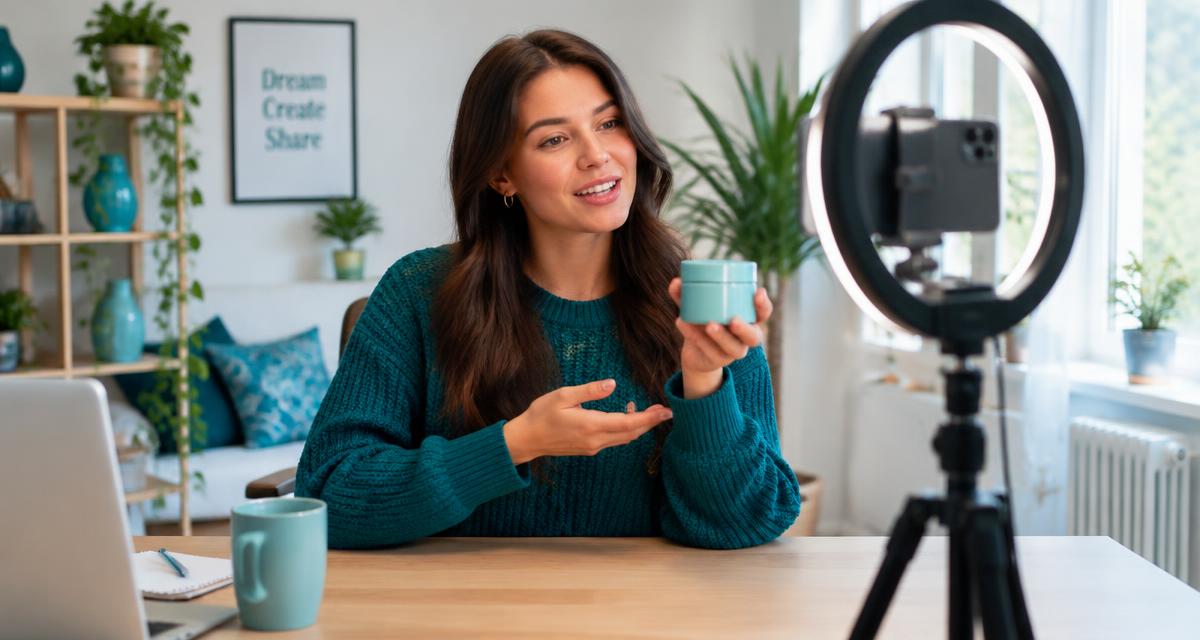 Creator filming a product review video with a phone on a tripod and ring light