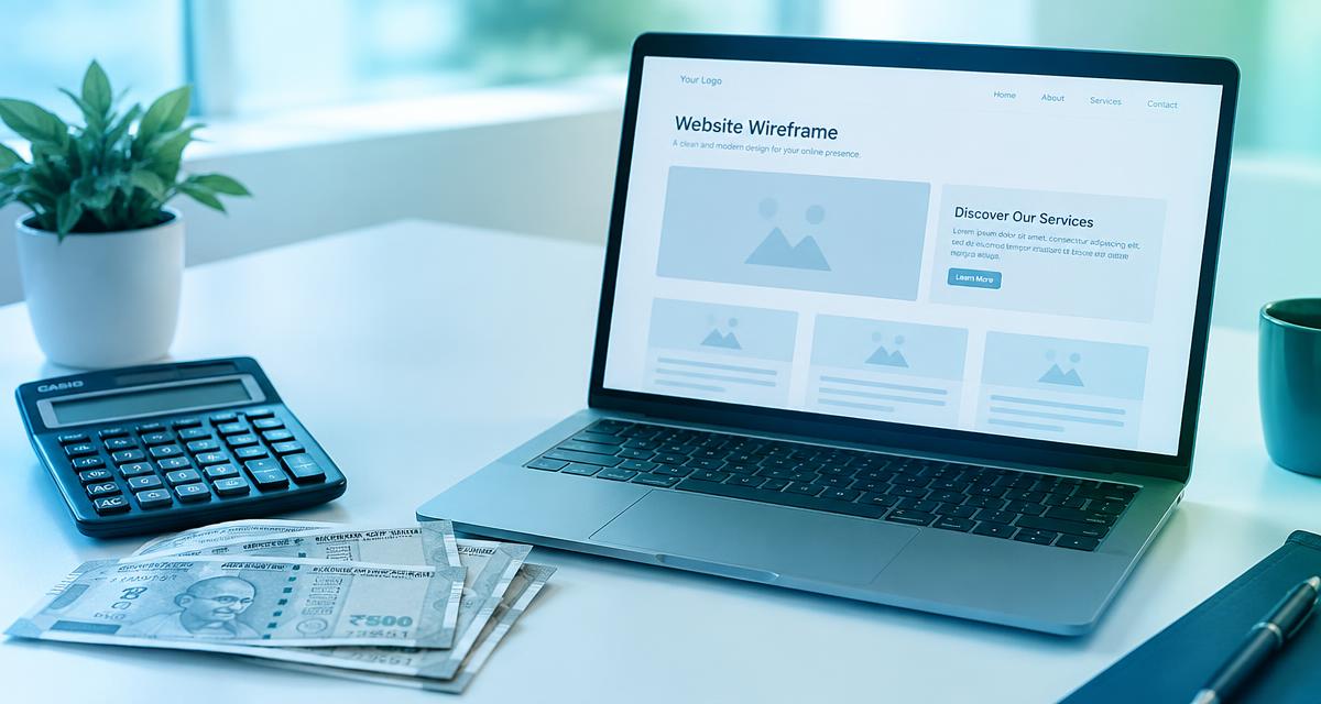 Laptop showing a website wireframe beside a calculator and rupee notes